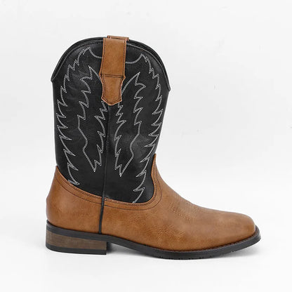 Men's black western denim square toe motorcycle boots with low wedge heel and embroidery detail.