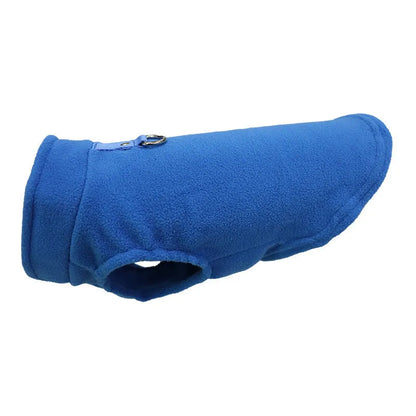 Polar fleece dog waistcoat in solid colour on small dog showing side-open design