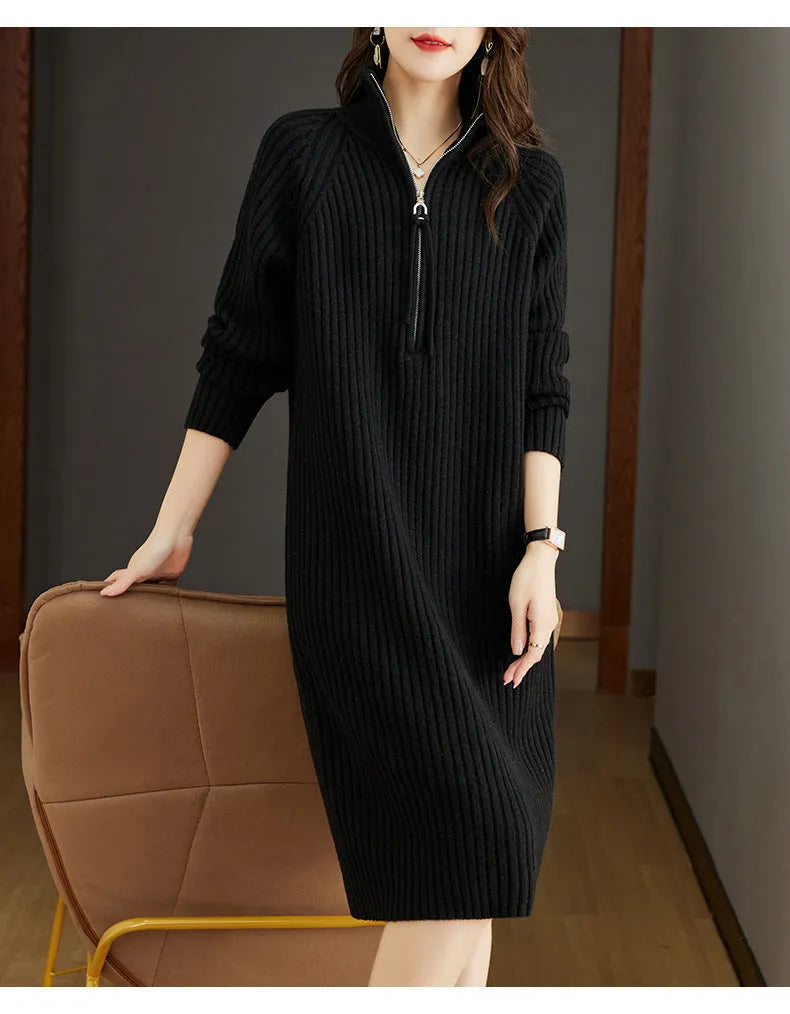 Women's beige casual long sleeve dress with half zip front and stand collar, loose straight fit.