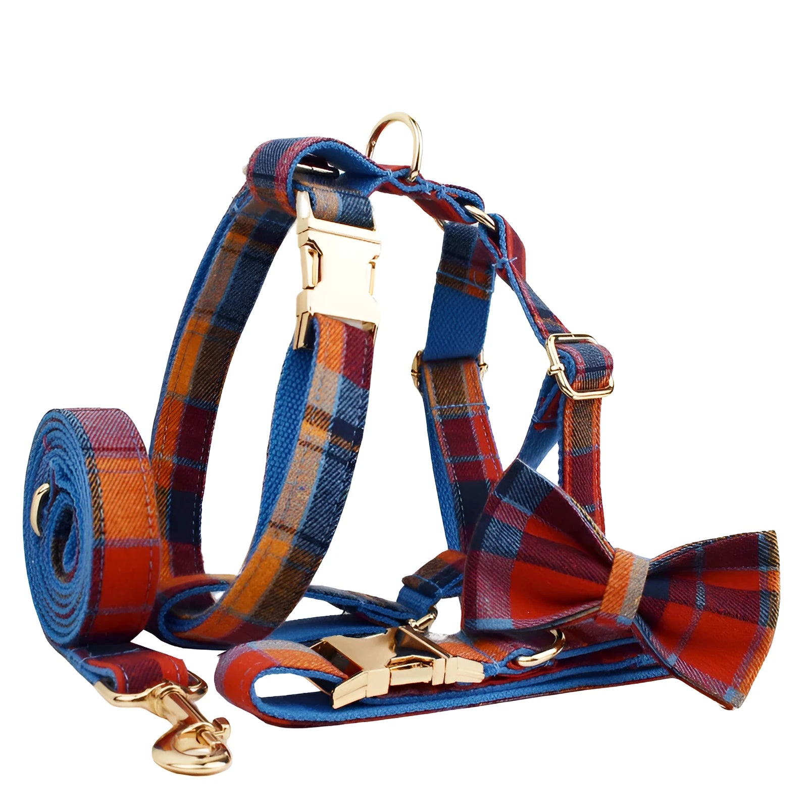 Four-piece dog accessory set with collar, leash, bow tie and vest in cloth fabric