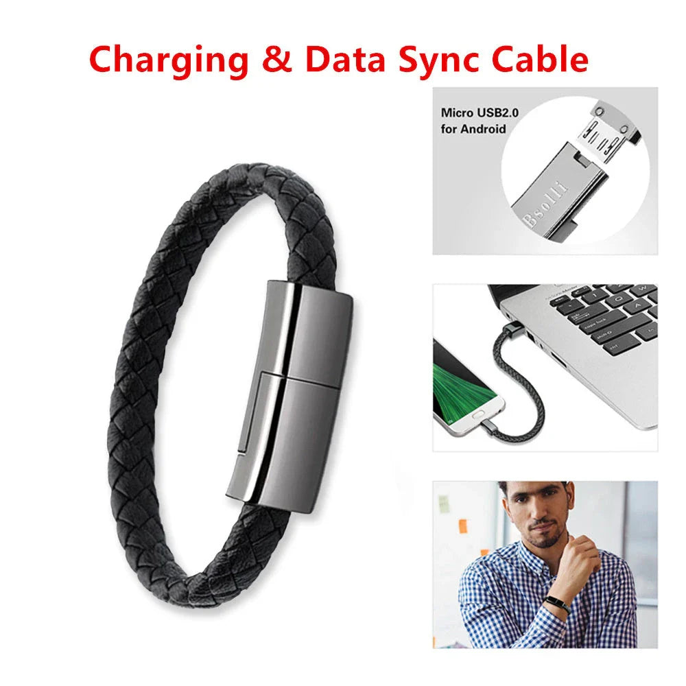 Stylish bracelet charging cable with premium leather and zinc alloy construction, compatible with iPhones, Android, and USB-C devices