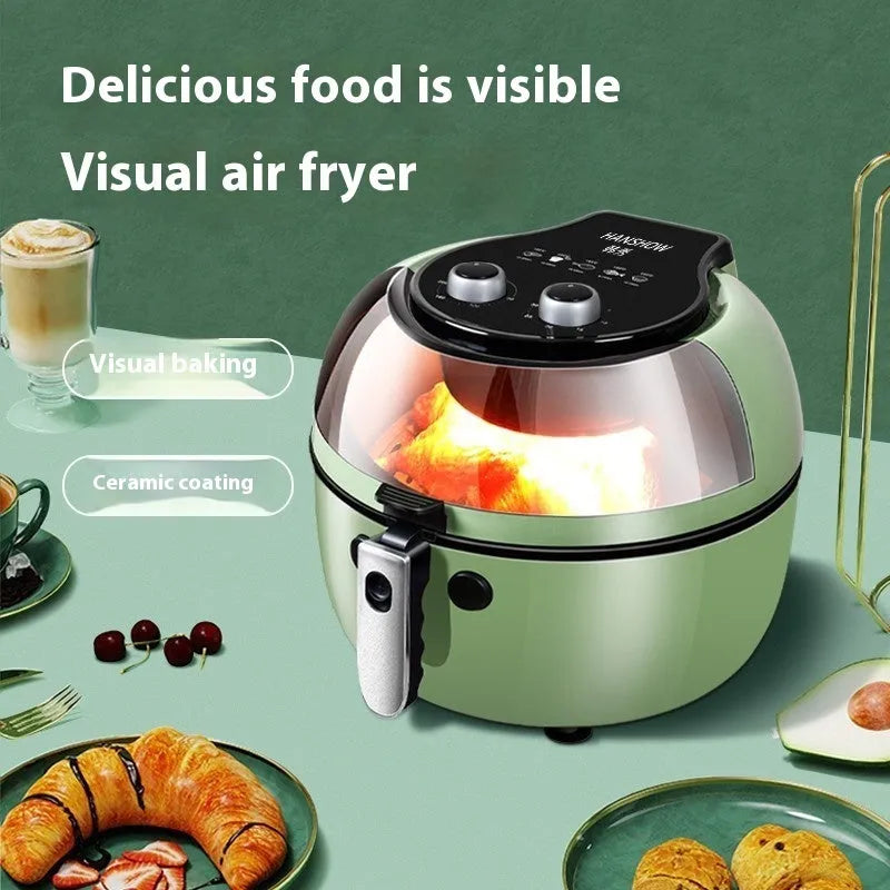 Air fryer oven with visible window, 8-litre capacity, nano-ceramic coating liner, and mechanical buttons on display