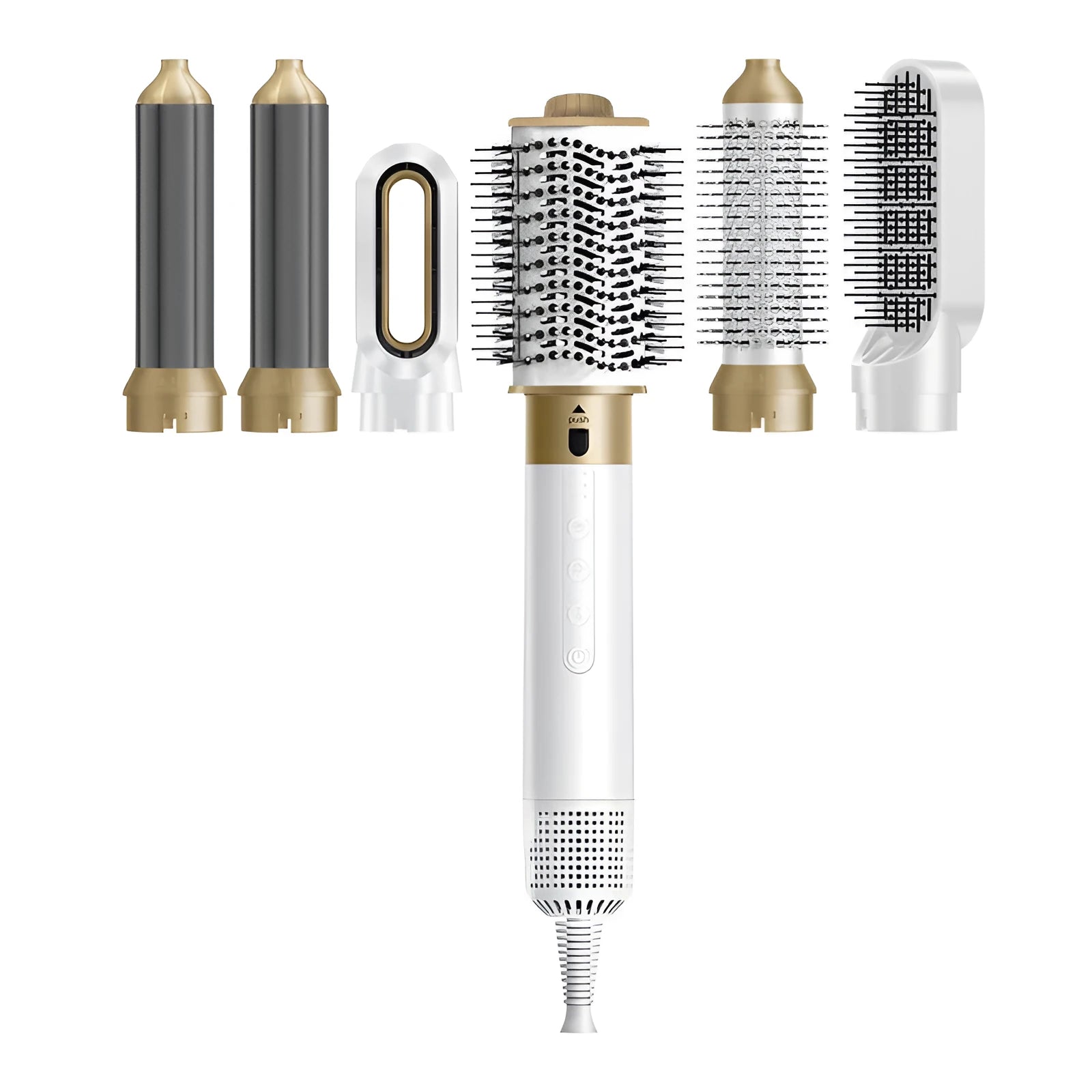 Electric hot air styling comb with six attachments for curling and straightening hair in leather case