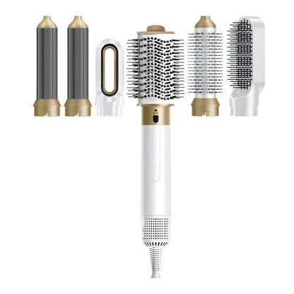 Electric hot air styling comb with six attachments for curling and straightening hair in leather case