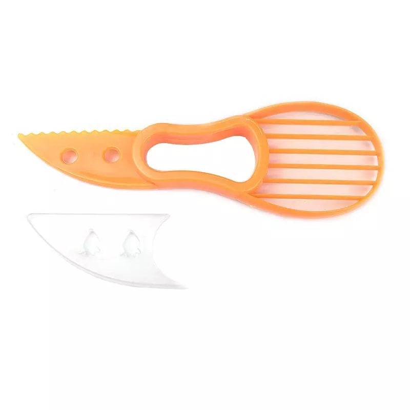 Multifunctional avocado knife in green and orange for slicing and peeling fruits