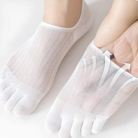 Pair of solid colour modal five-finger boat socks laid flat, showing individual toe compartments and low-cut design.