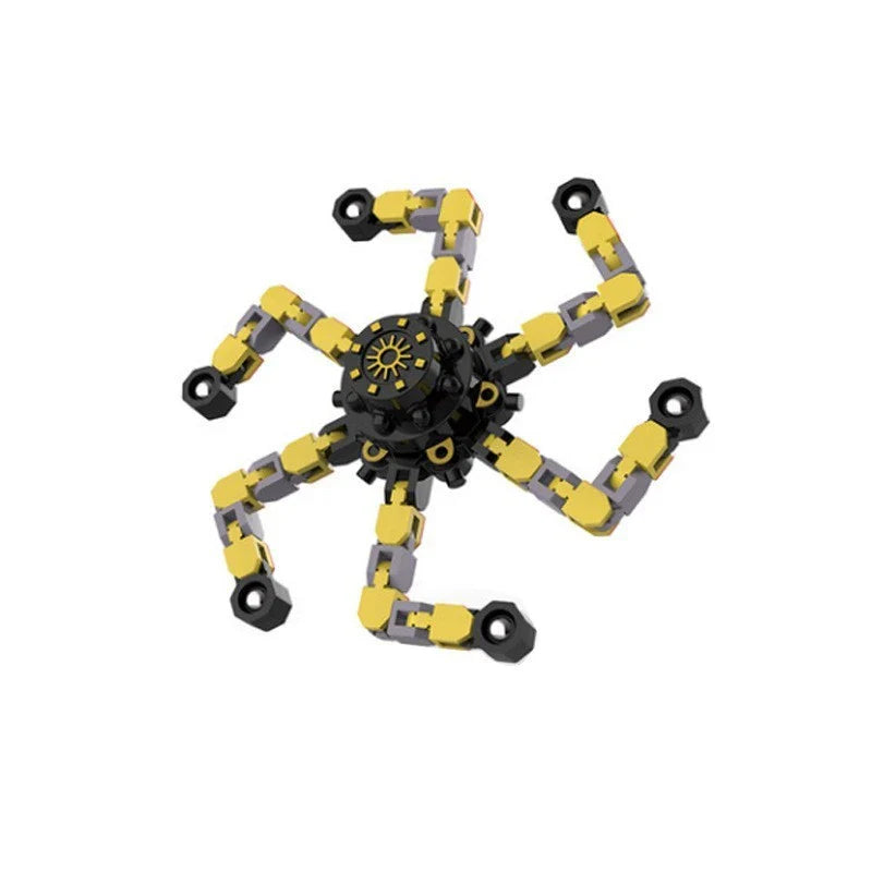 Transformable fidget spinner chain toy in various colors, including blue, red, and yellow, with a suction cup for hands-free spinning