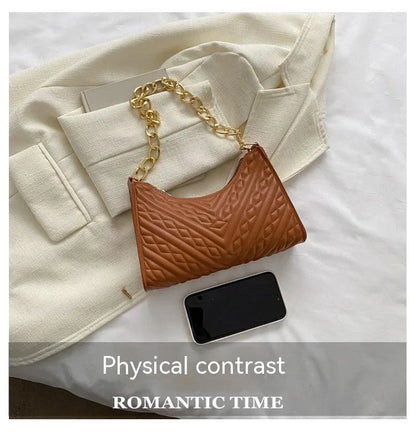 Brown pleated chain baguette shoulder underarm bag with adjustable strap and soft carry handle