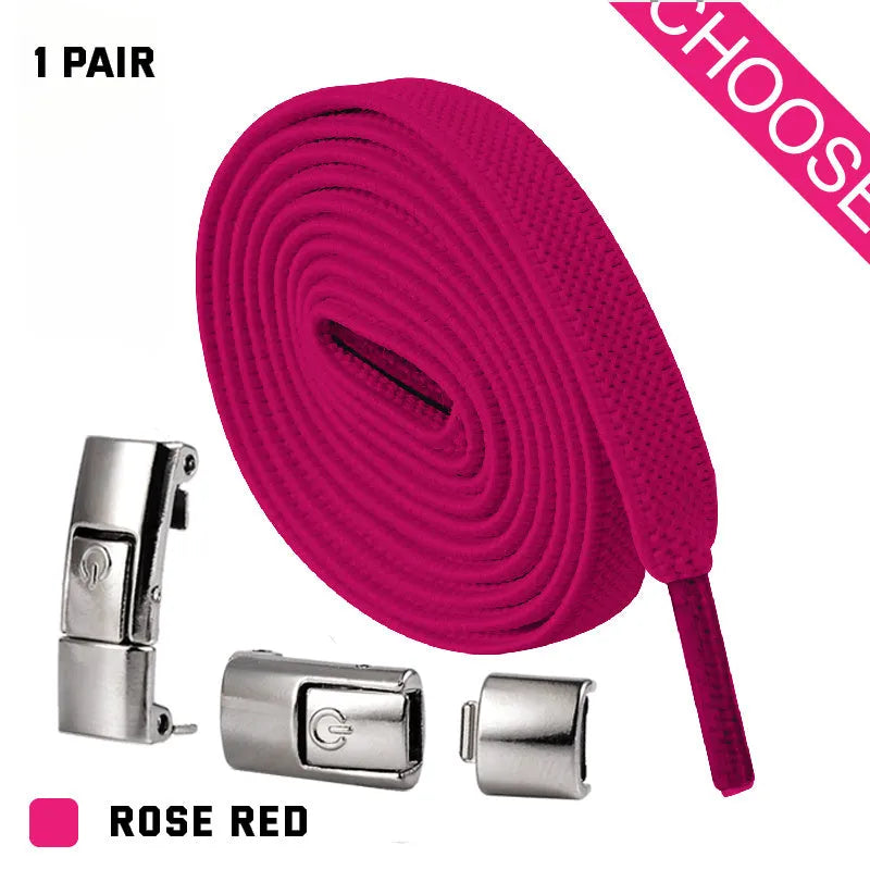 A pair of black widened flat elastic shoelaces with a silver press lock buckle on a white background.