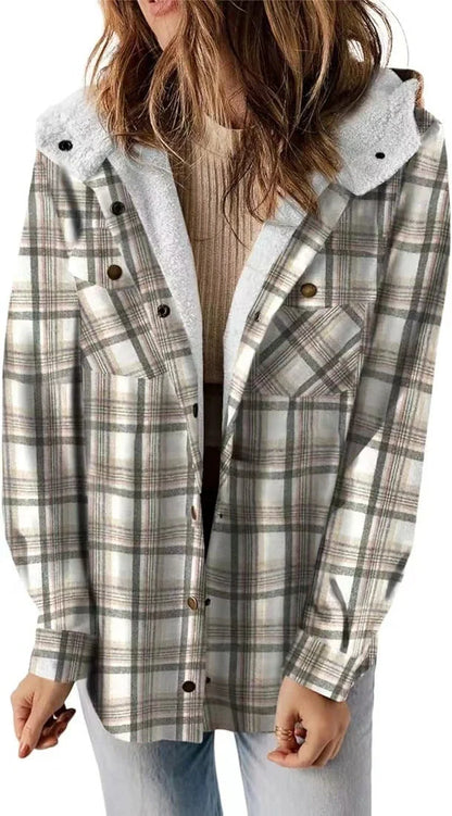 Casual Plaid Hooded Woolen Coat with fleece lining in various colors