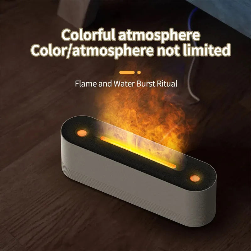 Black Flame Air ultrasonic humidifier with LED lights and mist output on wooden surface