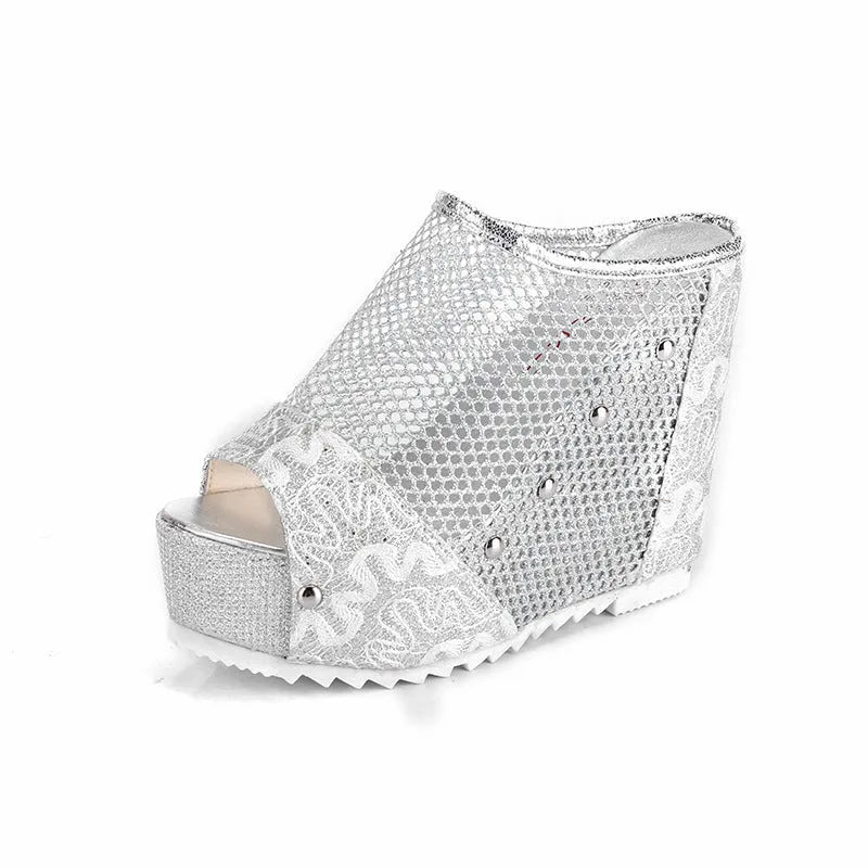 Korean platform flip-flops with hollowed chunky heel in mesh construction, available in black, gold or silver colours