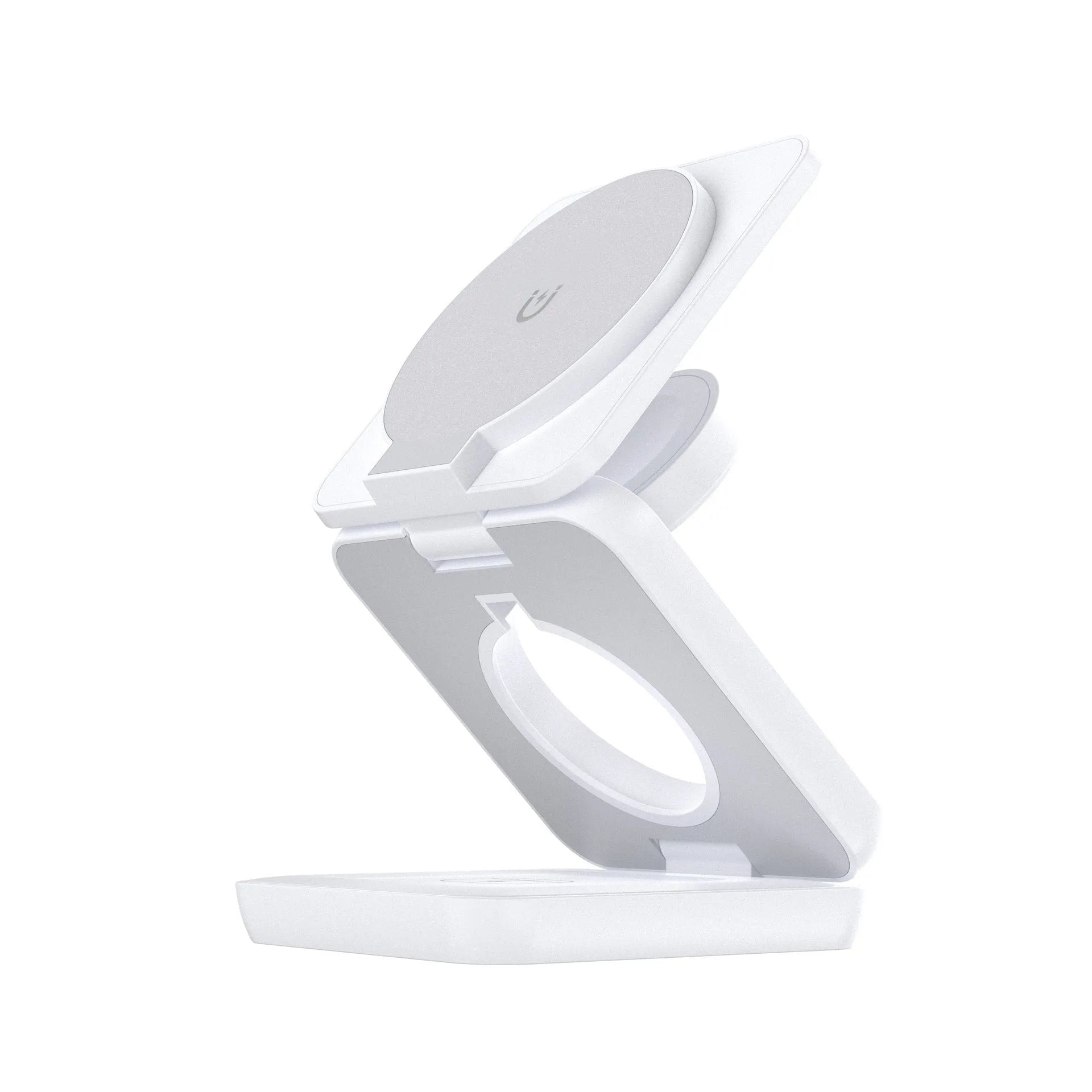 White foldable magnetic wireless charging phone holder shown open and closed