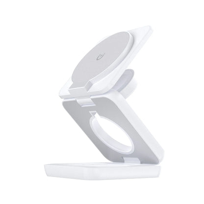 White foldable magnetic wireless charging phone holder shown open and closed