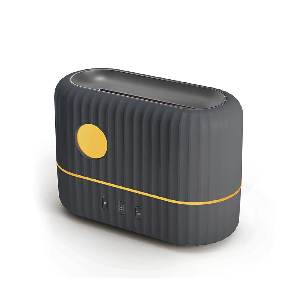 White H9 flame simulation humidifier with 280ml tank on desk, showing ultrasound mist and LED flame effect for aromatherapy