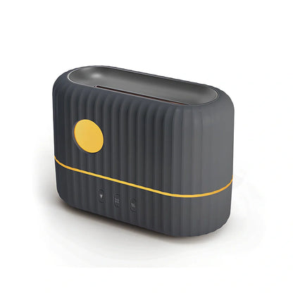 White H9 flame simulation humidifier with 280ml tank on desk, showing ultrasound mist and LED flame effect for aromatherapy