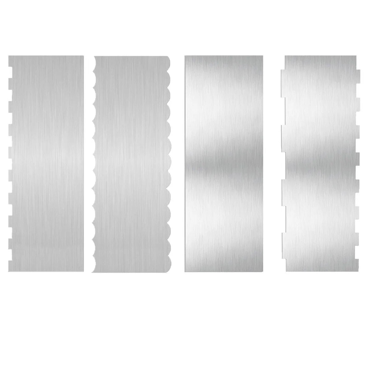 Stainless steel cream scraper with polygon patterns for cake decorating showing six different texture options