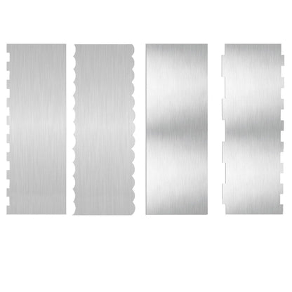 Stainless steel cream scraper with polygon patterns for cake decorating showing six different texture options