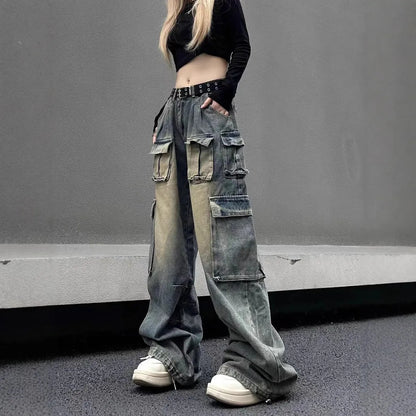 Loose multi-pocket distressed denim pants in light blue and black on a size chart.