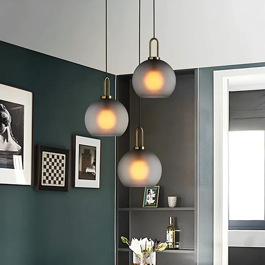 Nordic glass ball chandelier with adjustable height mechanism and frosted soot glass components