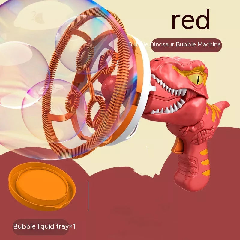 Dinosaur-shaped bubble machine for kids with red, blue, and green options