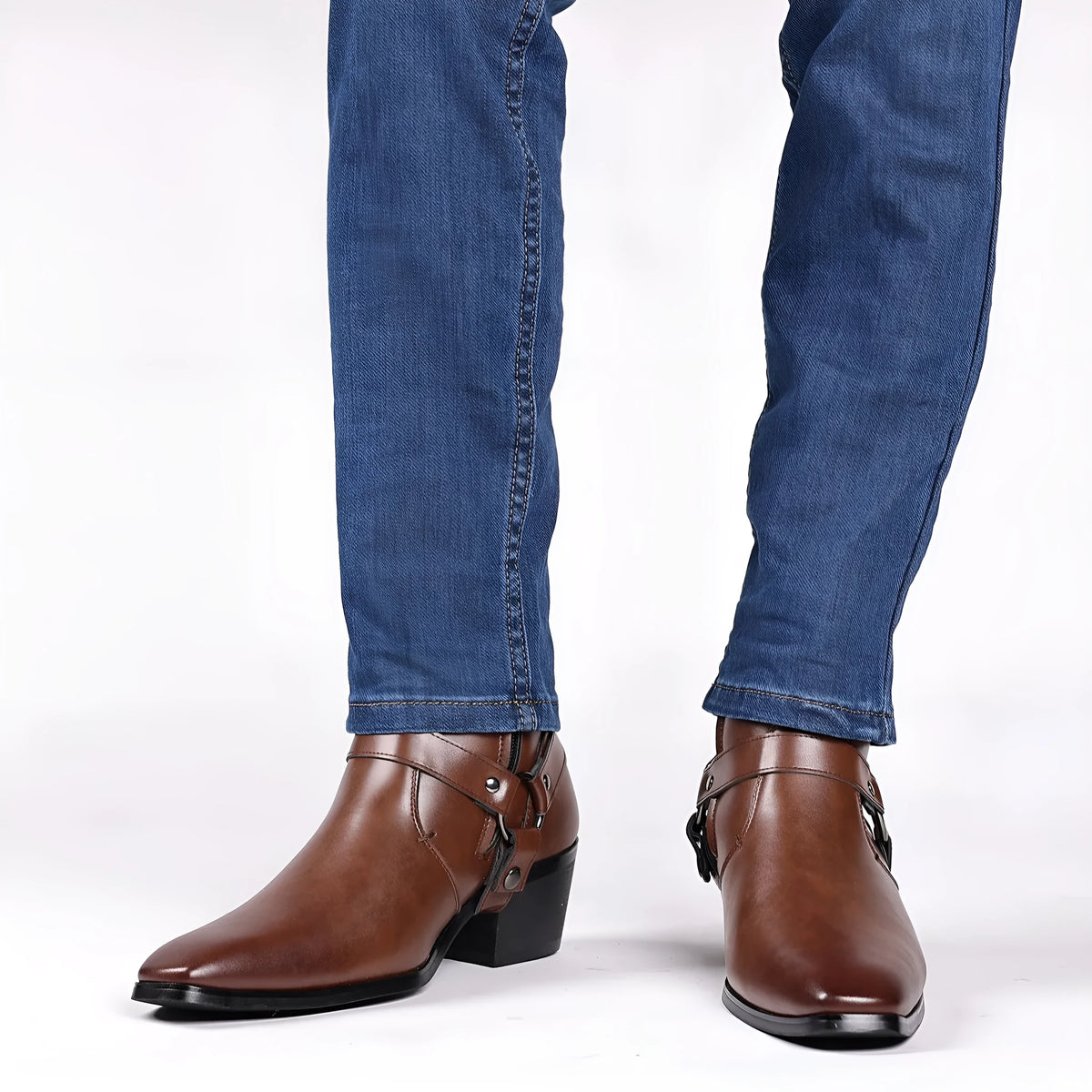 Men's and women's chain detail boots with square toe and side zipper in frosted finish