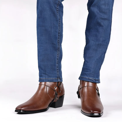 Men's and women's chain detail boots with square toe and side zipper in frosted finish