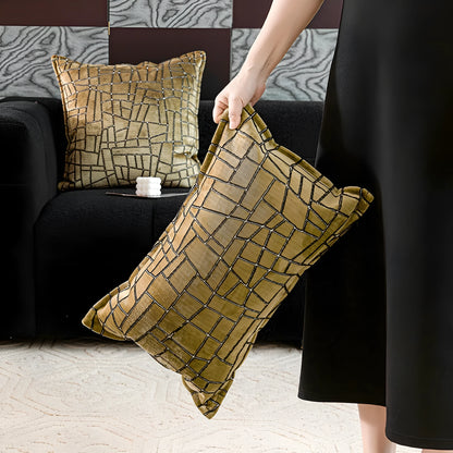 Gold geometric abstract decorative pillow in 50x50cm, 45x45cm, and 30x50cm sizes with polyester cover