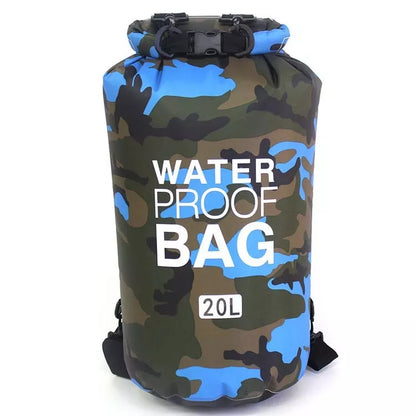 Camouflage polyester waterproof bag with PVC for outdoor activities, available in multiple colors and sizes.