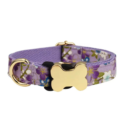 Flat nylon dog collar with bone buckle in a printed grid pattern, shown in multiple colour options.