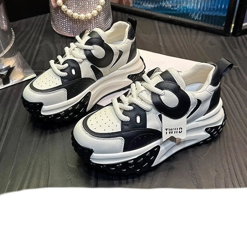 Thick-soled leather sports casual shoes with wedge heel in silver, carmine, black coffee, and black and white colours, front lace-up design
