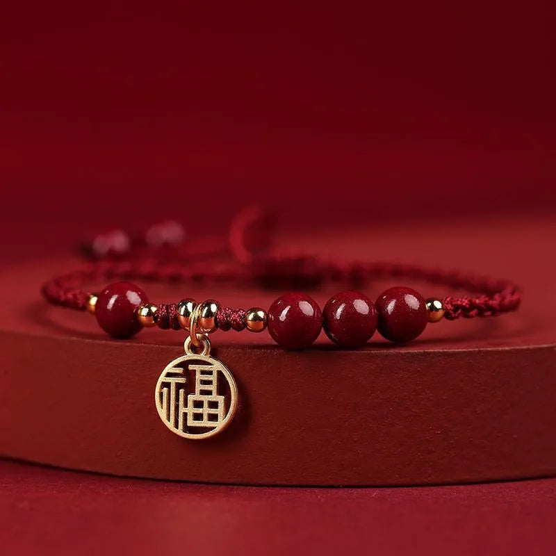 Cinnabar ethnic bracelet with braided rope strap and blessing charm for college entrance exams