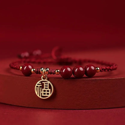 Cinnabar ethnic bracelet with braided rope strap and blessing charm for college entrance exams