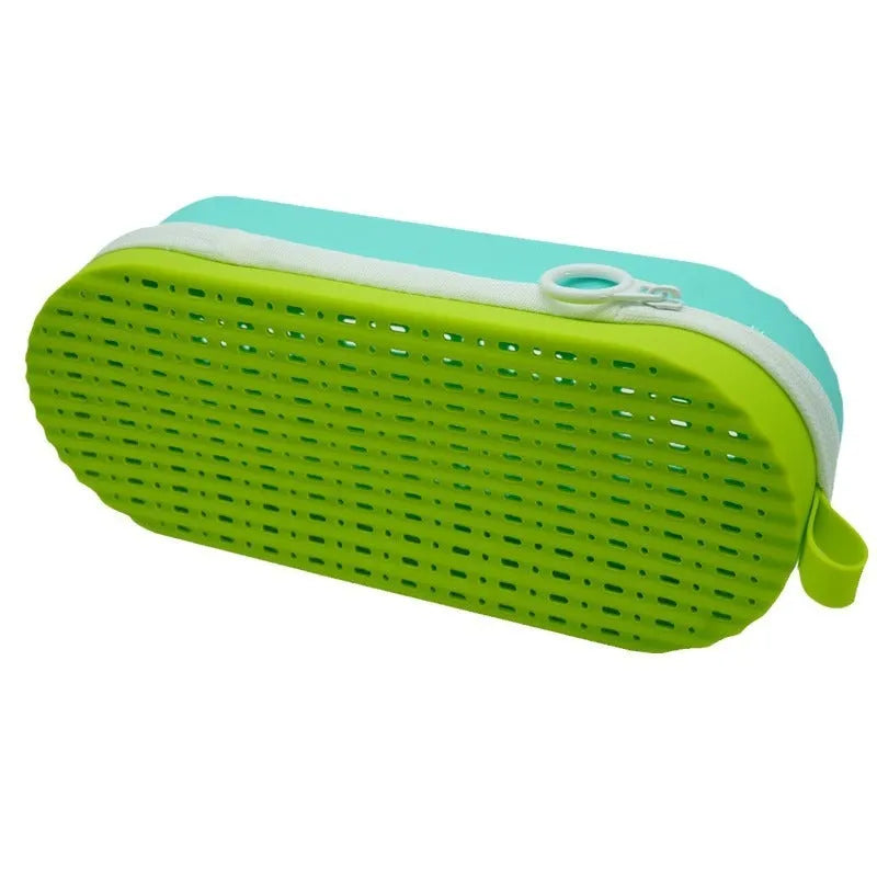 Silicone glasses case with long handle in rose red light purple colour, dimensions 200x80x50mm