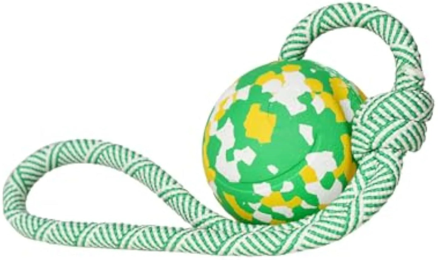 Dog ball on rope toy with solid natural rubber ball and nylon rope for interactive play