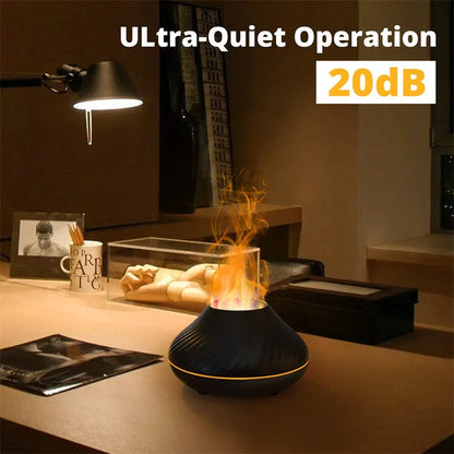 Beige volcanic flame aroma diffuser with LED lighting and mist output on wooden surface