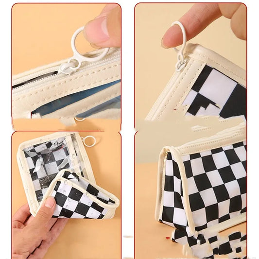 Chessboard pattern transparent PVC pencil case showing 21.5cm length with stationery items visible inside