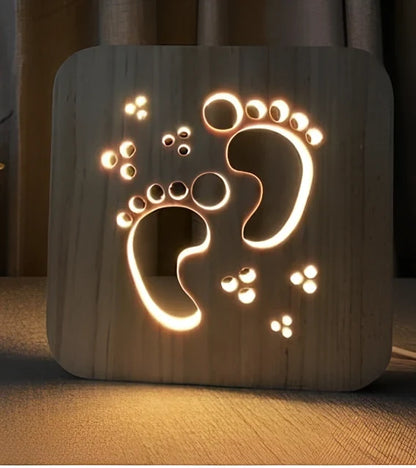 Wood-carved music instrument LED night light with USB cable showing guitar, saxophone, and violin designs
