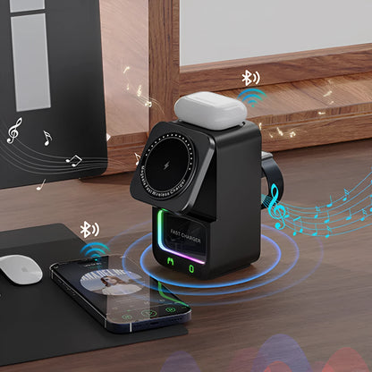 White and black Bluetooth speaker with 5-in-1 wireless charging station showing QC3.0 charging support