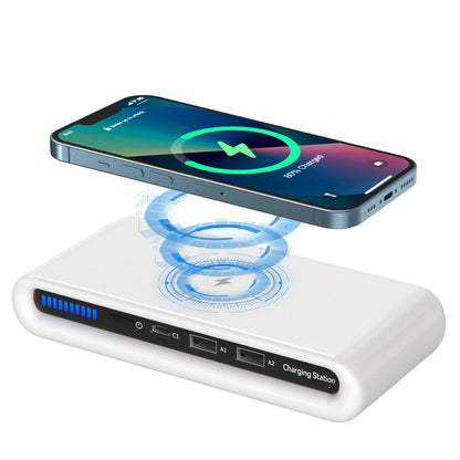 White desktop wireless charger with 15W fast charging and 8-colour atmosphere lamp on a wooden desk