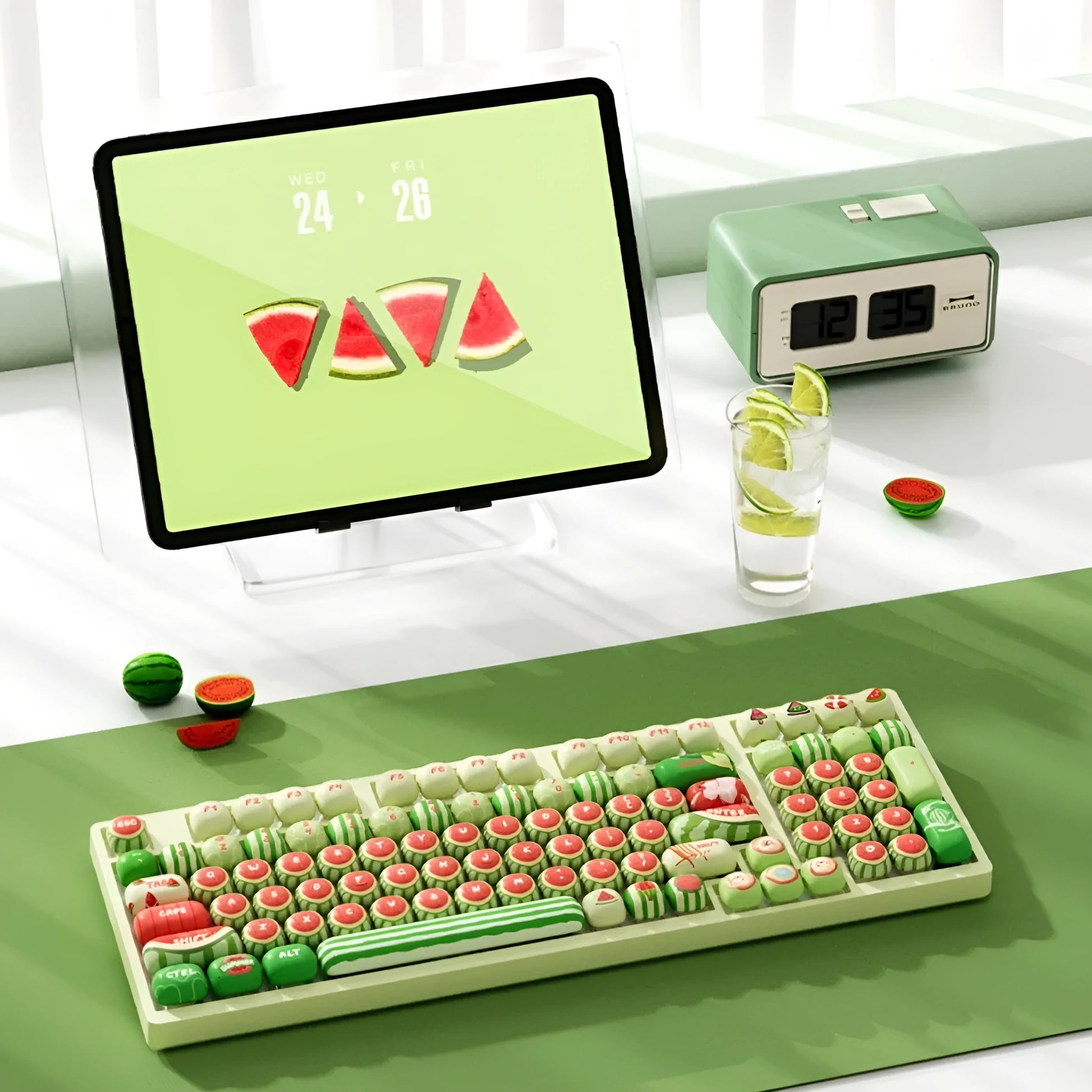 Set of 138 watermelon-themed PBT key caps with green, red, and black dye-sublimated design, shown on a mechanical keyboard.