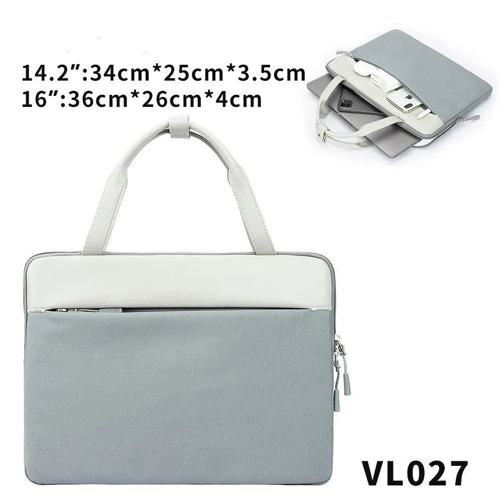 14.2 inch polyester laptop sleeve with soft handle, zipper pocket, in light grey, green, or orange
