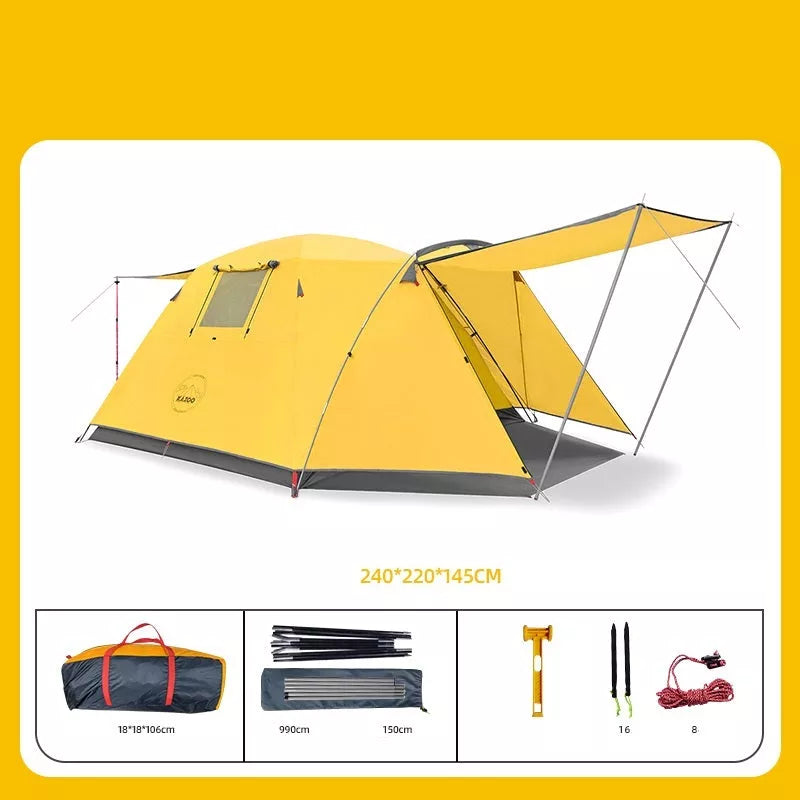 Four-person outdoor camping tent with rain and sun protection, double-decker design