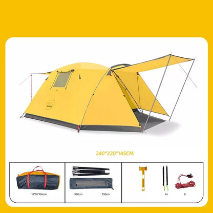 Four-person outdoor camping tent with rain and sun protection, double-decker design