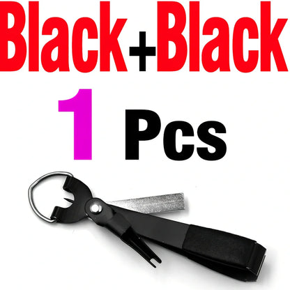 Fishing line scissors with stainless steel blades and plastic handles in silver black colour combination