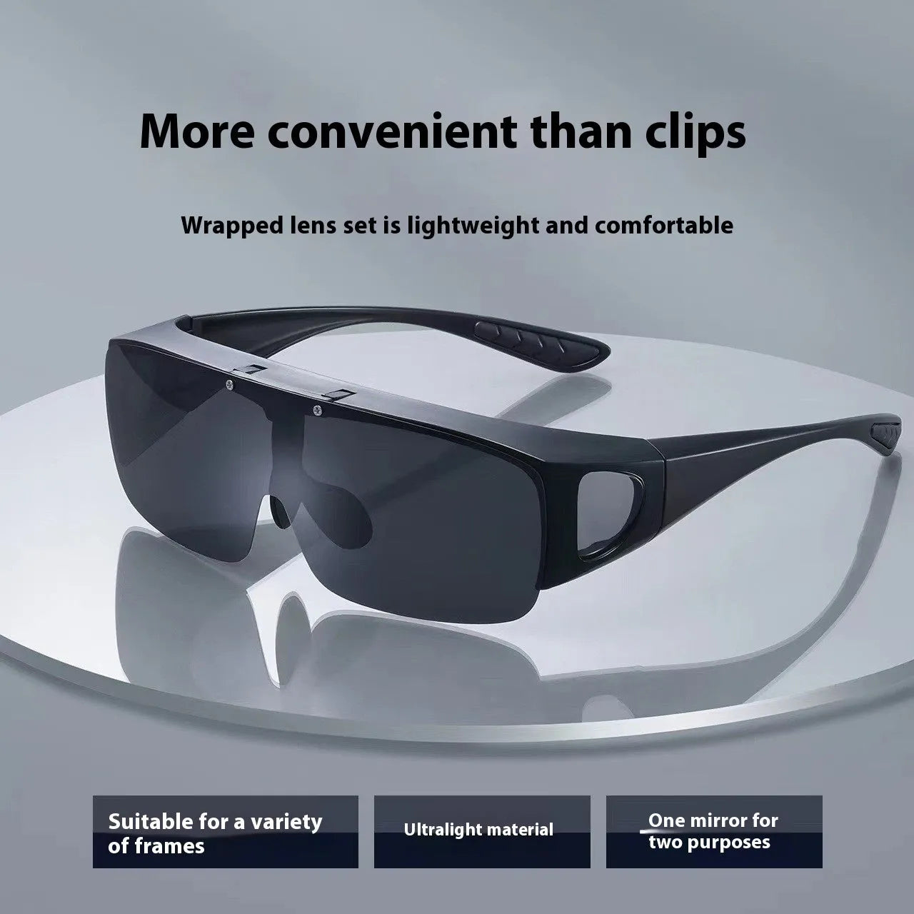 Polarised sunglasses with one-piece myopia lenses in black and grey, suitable for mountain climbing and biking activities.