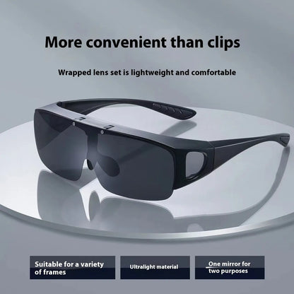 Polarised sunglasses with one-piece myopia lenses in black and grey, suitable for mountain climbing and biking activities.