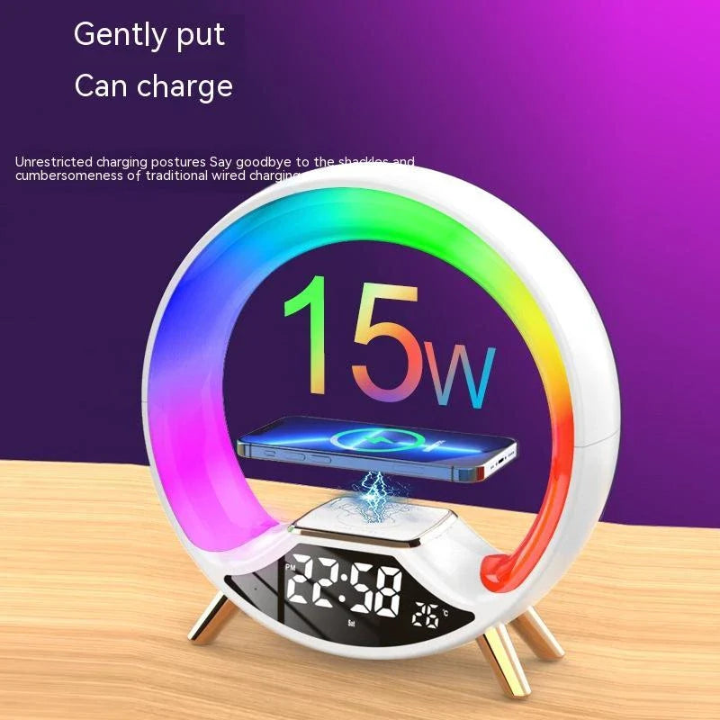 Versatile wireless charging nightlight with Bluetooth speaker, featuring adjustable lighting and compact design