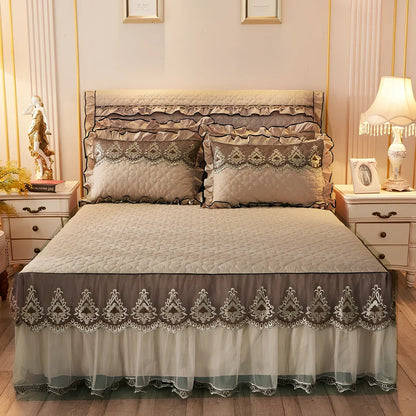 Quilted lace bed skirt with embroidery quilting on bed, showing 1.8m circumference coverage