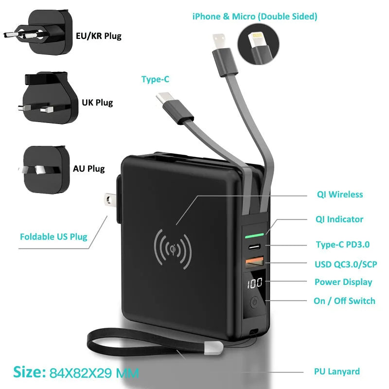 Super QI Wireless Charging Treasure PD20W Fast Power Bank showing integrated plug design and wireless charging surface
